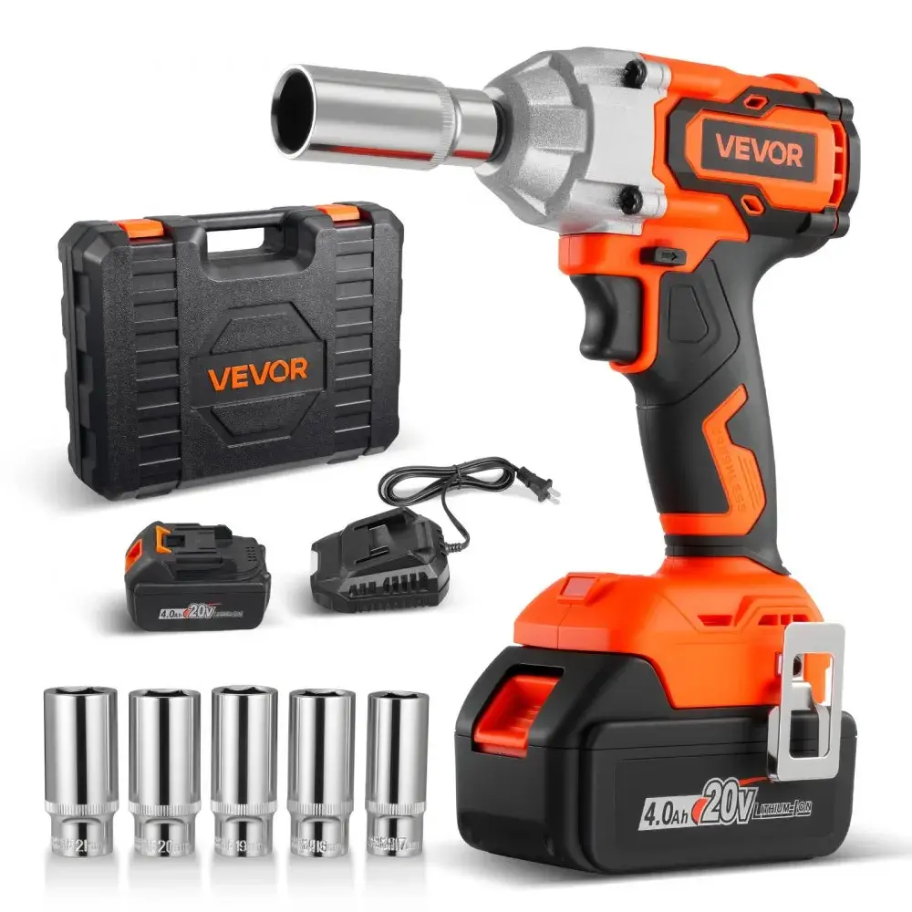 【summerfinds】VEVOR Cordless Impact Wrench, 280 ft-lbs / 380 N·m High Torque, 3/8 inch, 20V Electric Impact Wrench with Brushless Motor, 4Ah Battery, Charger, 5 Sockets and Belt Clip, for Car Tire Truck DIY