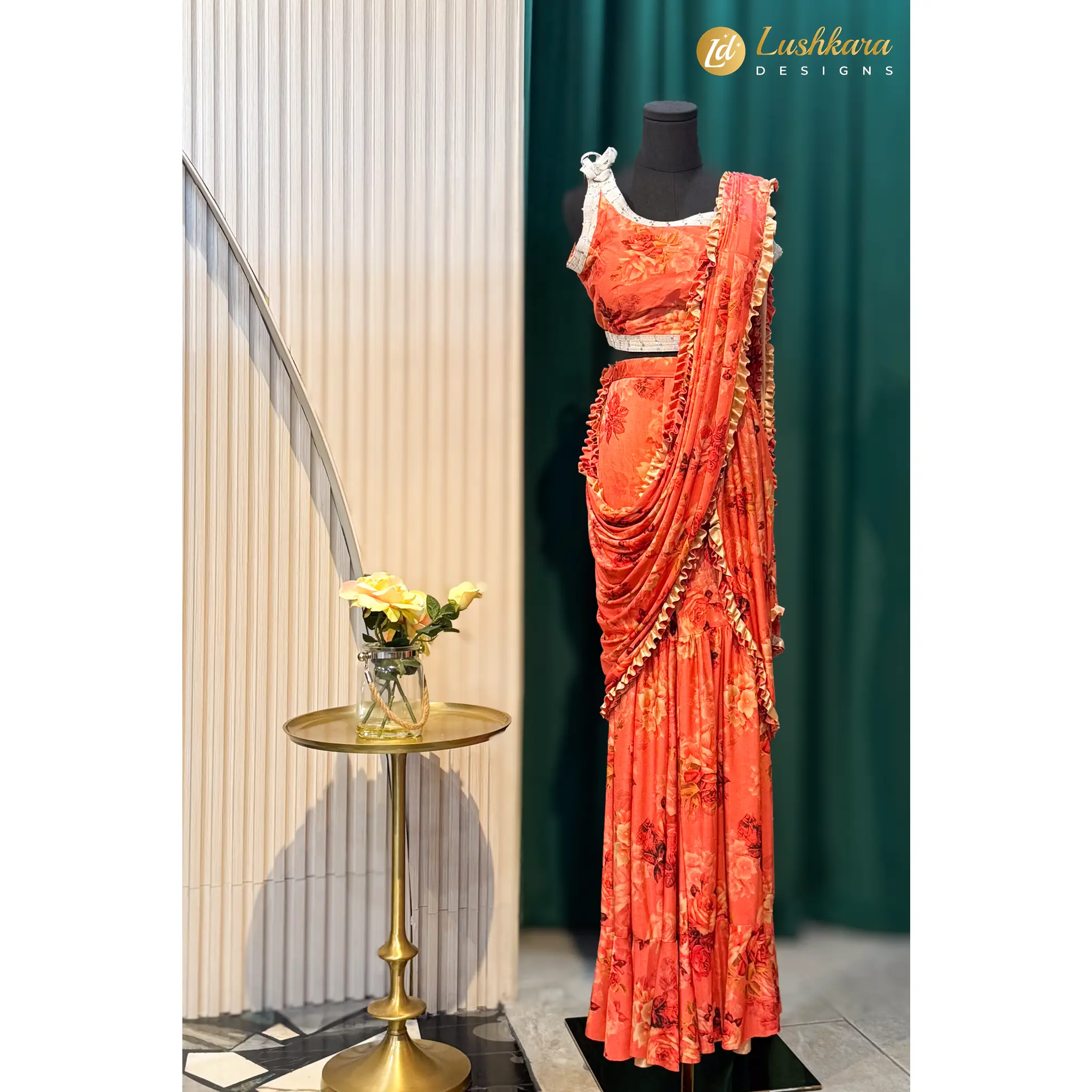 Lushkara Floral Pre-Draped Saree with Ruffle Detailing