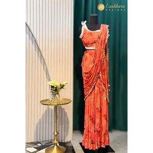 Lushkara Floral Pre-Draped Saree with Ruffle Detailing