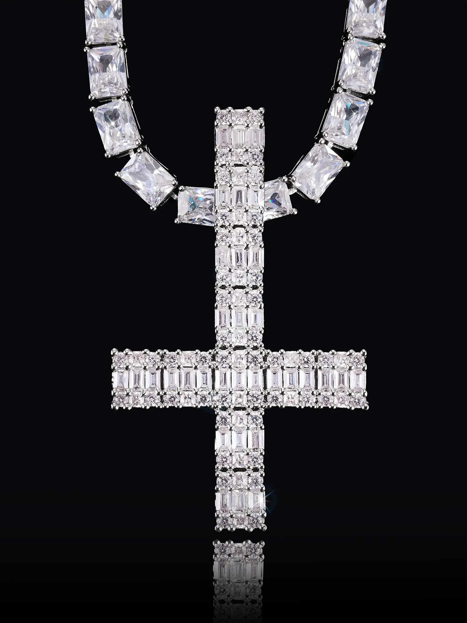 Baguette Cross Pendant, Iced Out Hip Hop Style Upside Down Jewelry, Unique Pendant Design, Exquisite Jewelry Gift