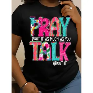 Letter Pattern Printed Fashionable Women'S T-Shirt - Comfortable And Easy Round Neck Suitable for Spring And Summer, Elegant And Casual Top, 100% Pure Top, Elegant Party Must-Have for Summer