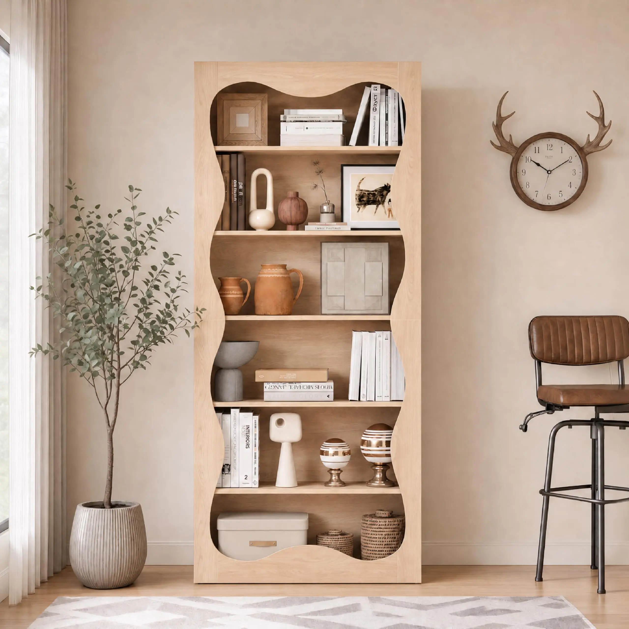 Tall 6-Tier Wood Bookshelf, Freestanding Bookcase with Wavy Scalloped Edge, Large Storage Display Shelf for Living Room Bedroom Office Library
