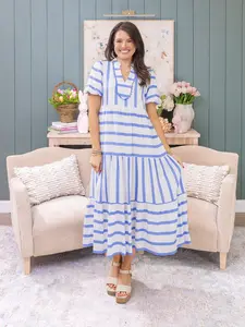Stripe Ricrac Trim Short Sleeve Dress | S-XL