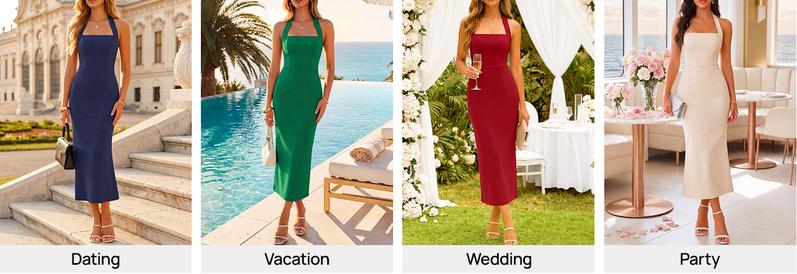 ZESICA Women's 2026 Summer Sleeveless Midi Dress Halter Neck Blackless Wedding Guest Cocktail Party Bodycon Long Dresses