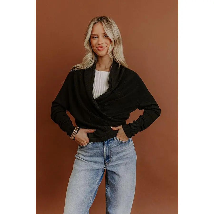 Cozy Hour Wrap Sweater Top in Black