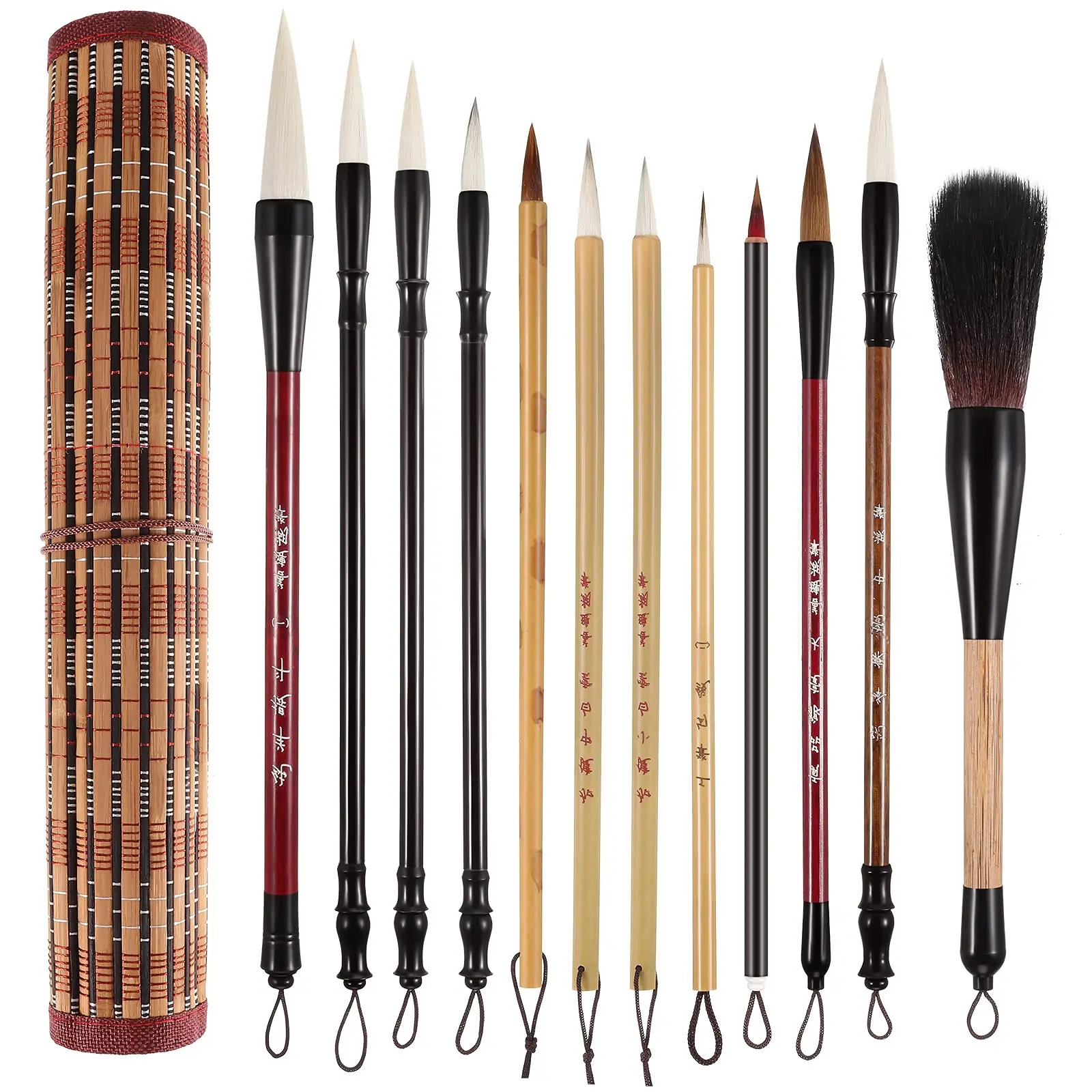 Unisex 12-Piece Baiyun Calligraphy & Paint Brushes Set - 2 Weasel Hair Heads, Goat/Wolf Hair Brushes, Roll-Up Holder, Smooth Handle, Beginner/Artist Office Stationery (Regular Script, Small-Medium Kanji Sumi Supplies, Gifts for Classmates, Art Lovers)