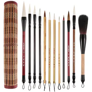 12 Pieces Chinese Calligraphy Brushes Painting Writing Watercolor Brushes Set for Kanji Japanese Sumi Drawing with Roll-up Holder
