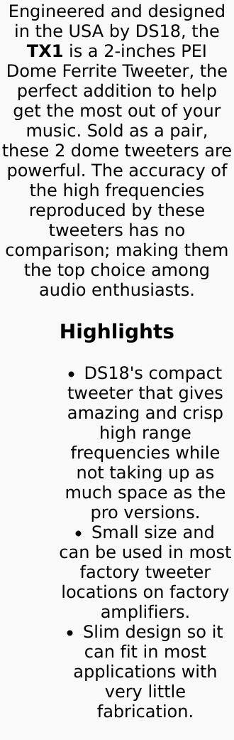 TX1 2" PEI Dome Ferrite Tweeter 0.5" VC 200 Watts