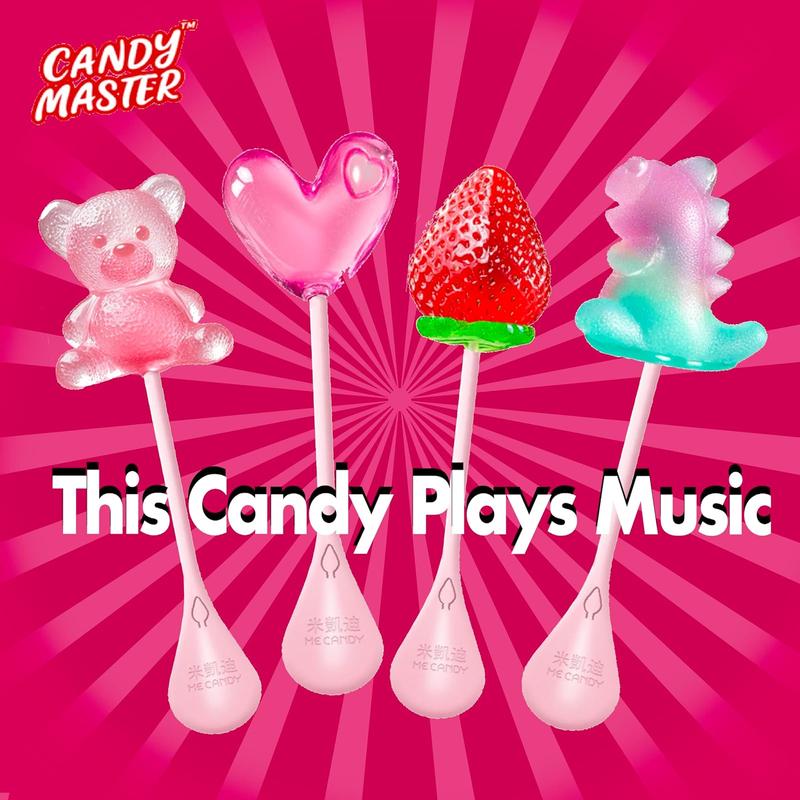Candy Master MeCandy 4D Music Lollipop 4D design shaped in Bear, Strawberry, Dinasour, Love Heart Fruity Flavor,strawberry, white peach |sugar free singing lollipop