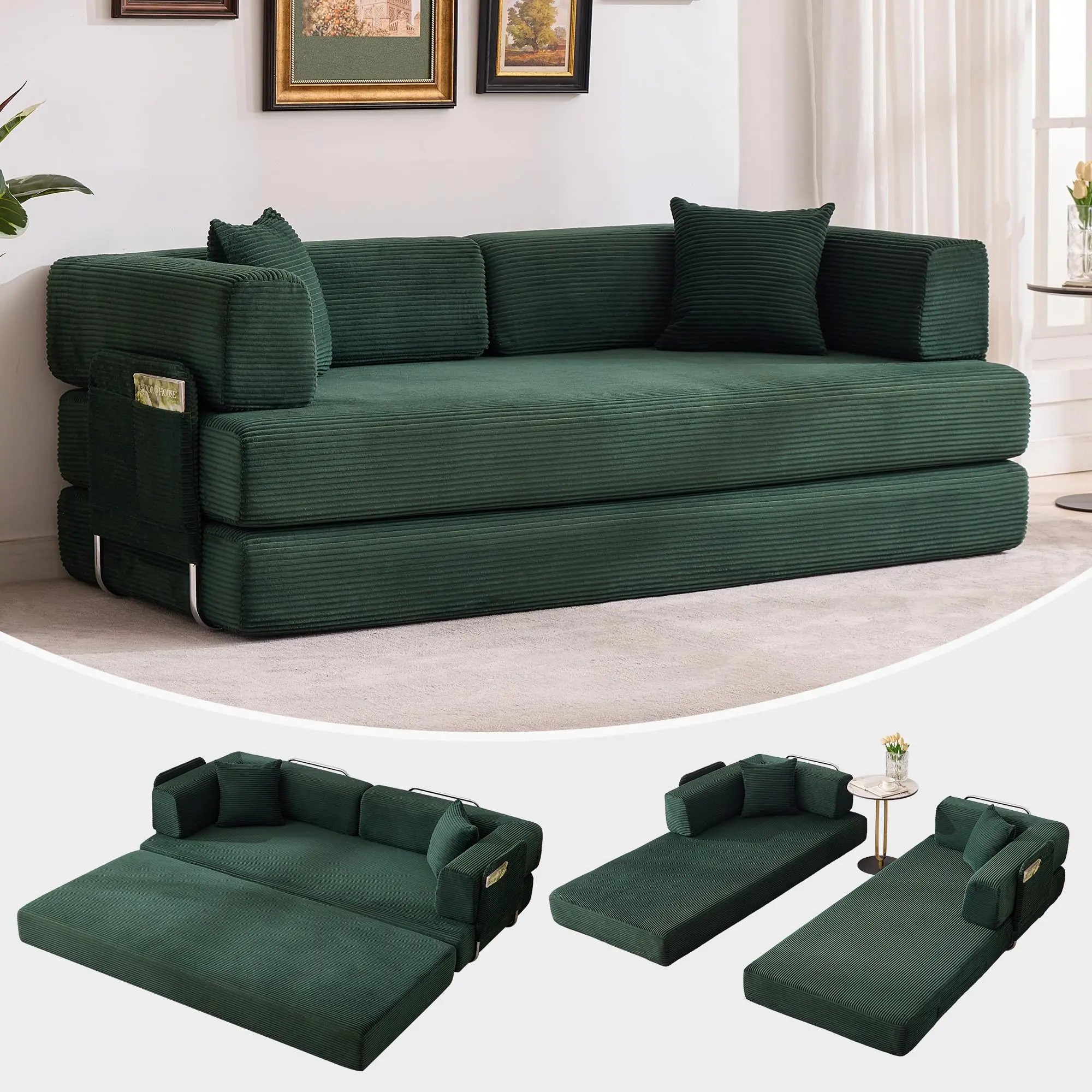5-in-1 Corduroy Convertible Sofa Bed - 78.8in Pull-Out Sleeper Loveseat, No-Assembly Floor Futon Couch with Removable Washable Cover for Small Spaces Outdoor Furniture Set