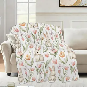 Cute Rabbit Easter Sofa Throw Blankets,Pink Tulip Flower Soft Cozy Fuzzy Lightweight Travel Blanket,Flannel Fleece Fall Throw Blanket for Couch,Bed,Camping