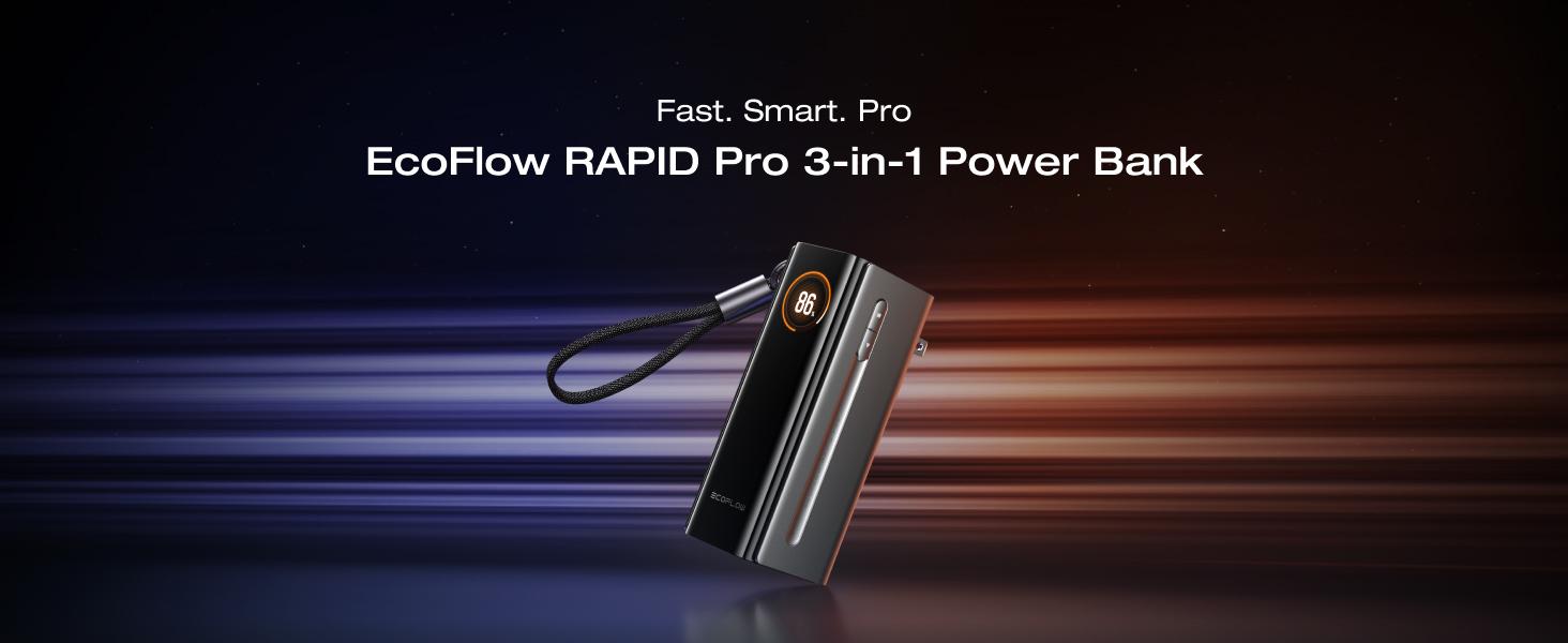 EF EcoFlow Rapid Pro 3-in-1 Power Bank, 10,000mAh Battery Pack with 67W Foldable AC Plug, Detachable USB-C Cable, 45W Fast Recharging, LCD Display, Compatible with Phones, Laptops, and More