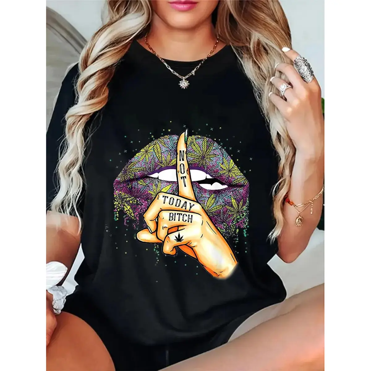 Unisex 180g Black Cotton Casual Round Neck Streetwear Top, Cannabis Weed Lips "Not Today Bitch Shhh" Graphic Sports T-Shirt, Black 180G, Tshirt