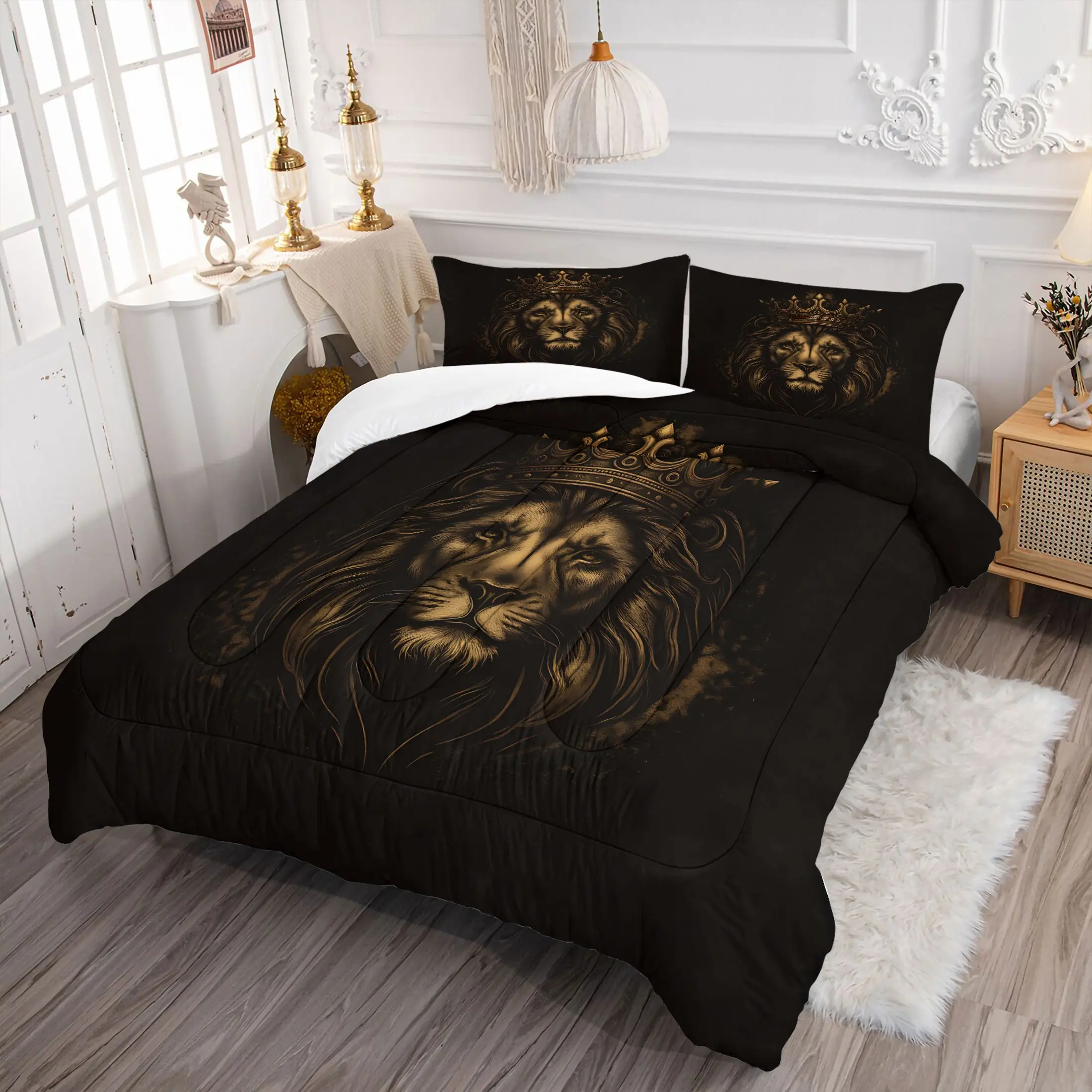 2/3pcs Golden Crowned Lion Print Comforter Set, Luxury Quilt, Soft Microfiber Bedding Set with Pillowcase, Regal King of Jungle Bed Set, Quilted Bedspread Set for Men & Modern Bedroom Decor, Decorative Bedding Set