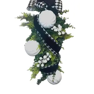Farmhouse Door Swag: Black, White, and Harlequin Ribbon Wreath