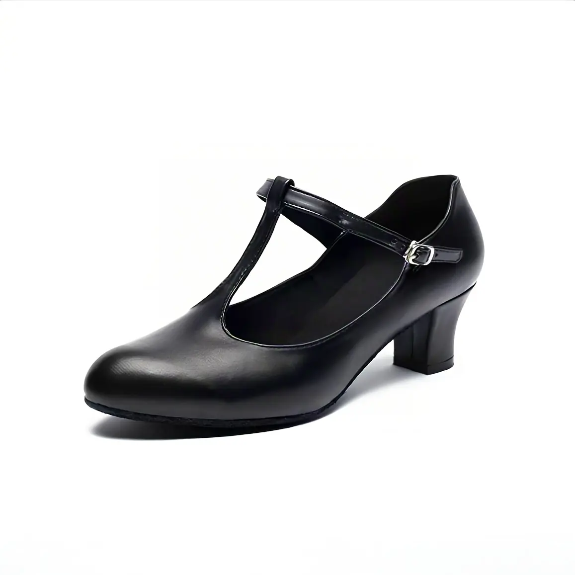 Women's Classic Black Synthetic Leather T-Strap Dance Heels - Buckle Closure, Slip-Resistant Sole, Less Than Ankle Height for Salsa, Wedding - All-Season Professional Formal Performance Shoes