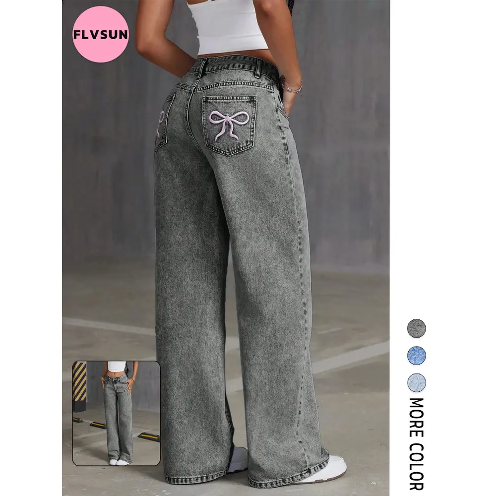 Flvsun Women's Mid-Waist Cotton Wide-Leg Washed Denim Jeans - Minimalist, Embroidered Bow, Slanted Pockets, Solid Color, 2000s Throwback Aesthetic, Zipper Fly Clean Front Finish, Streetwear Ready, All Seasons, Machine/Cold Washable, for Easter, Outdoors