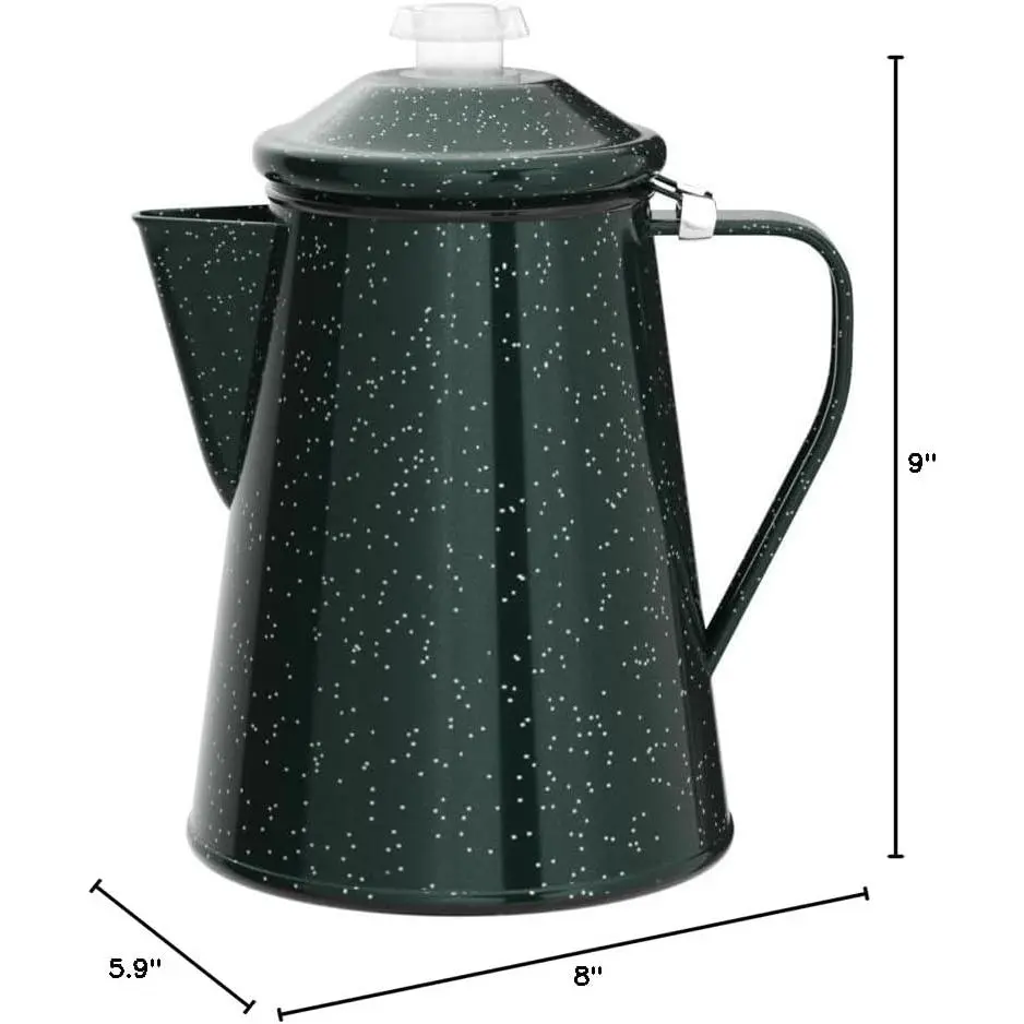 Classic Enamelware Percolator Coffee Pot - Resists Corrosion, Stainless Steel, Heat-Resistant Silicone Handle, Easy Disassembly, Easy to Clean, Percview Knob for Camping, Backyards, RVs, Campfires
