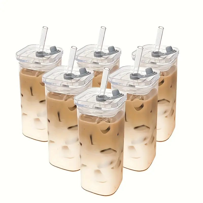 DWTS Danweitesi Stylish 4-Pack 13oz Transparent Reusable Square Shape Stain Resistant Coffee Glass Cups & Straw Set - Portable Kitchen Drinkware for Water, Coffee