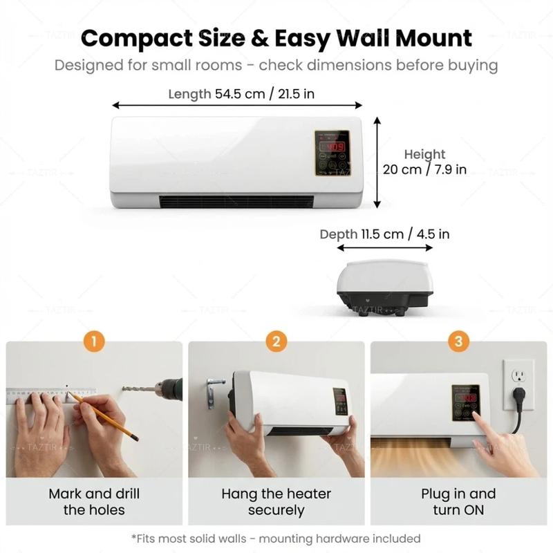 TAZTIR Wall-Mounted Heater for Indoor Use 1200W GarageHeater Electric with 6-Hour Timer Remote TouchscreenControl Natural Fan Mode Overheat Protection
