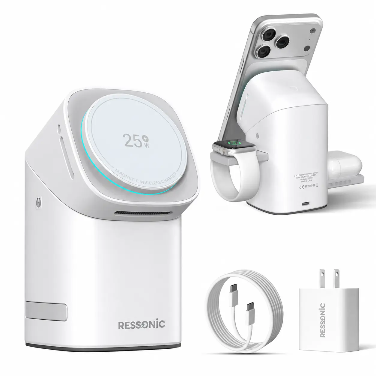 3-in-1 Wireless Charger 25W Fast Charging Station with 45W Adapter for iPhone & Samsung iWatch AirPods Magnetic One-Click System Automatic Rotation Easy Carry