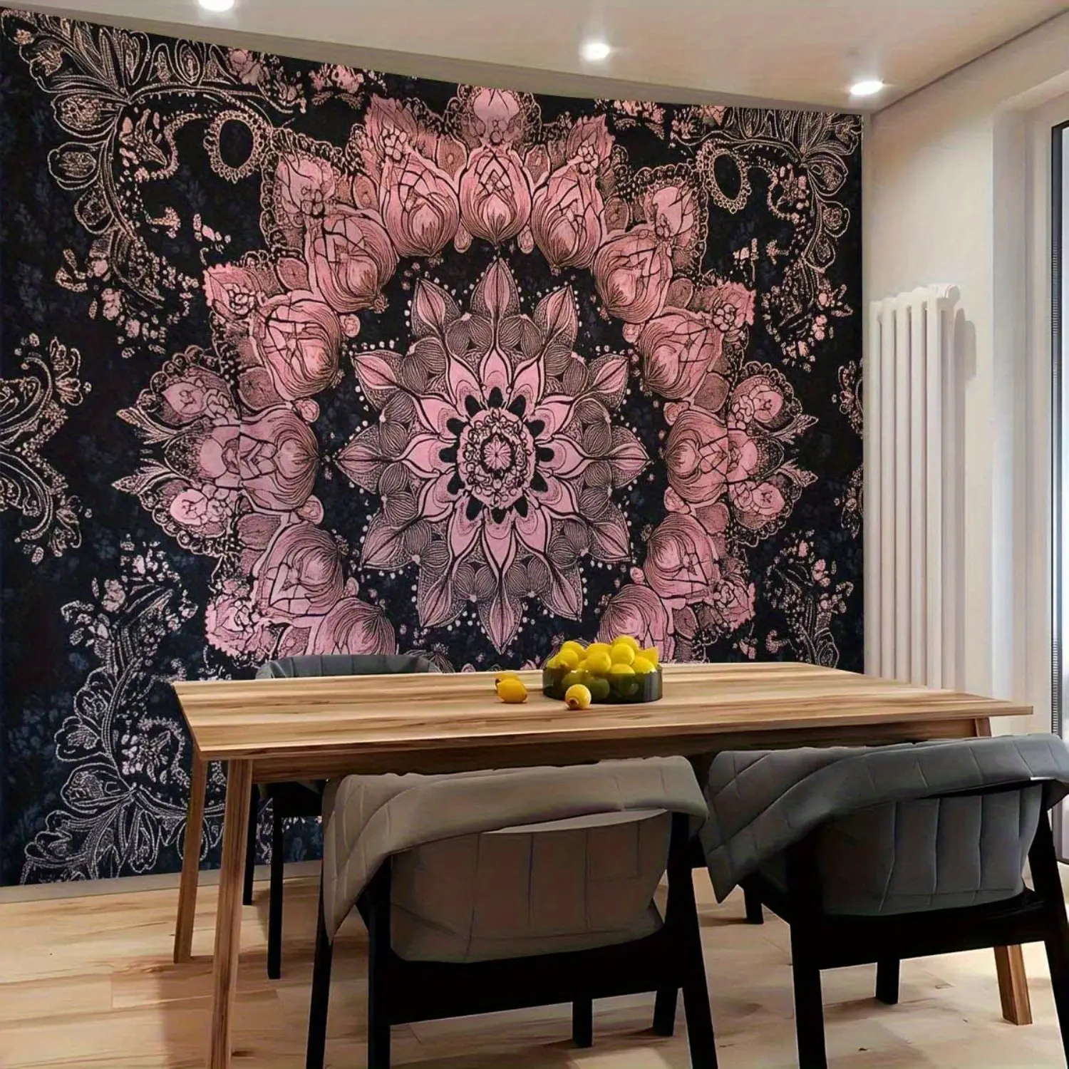 1pc Bohemian Mandala Tapestry Wall Hanging - Vibrant Pink & Black Floral Design, Polyester Fabric, Horizontal Indoor Decor for Bedroom, Living Room, or Party Backdrop, Bohemian Home Decor, One-Piece