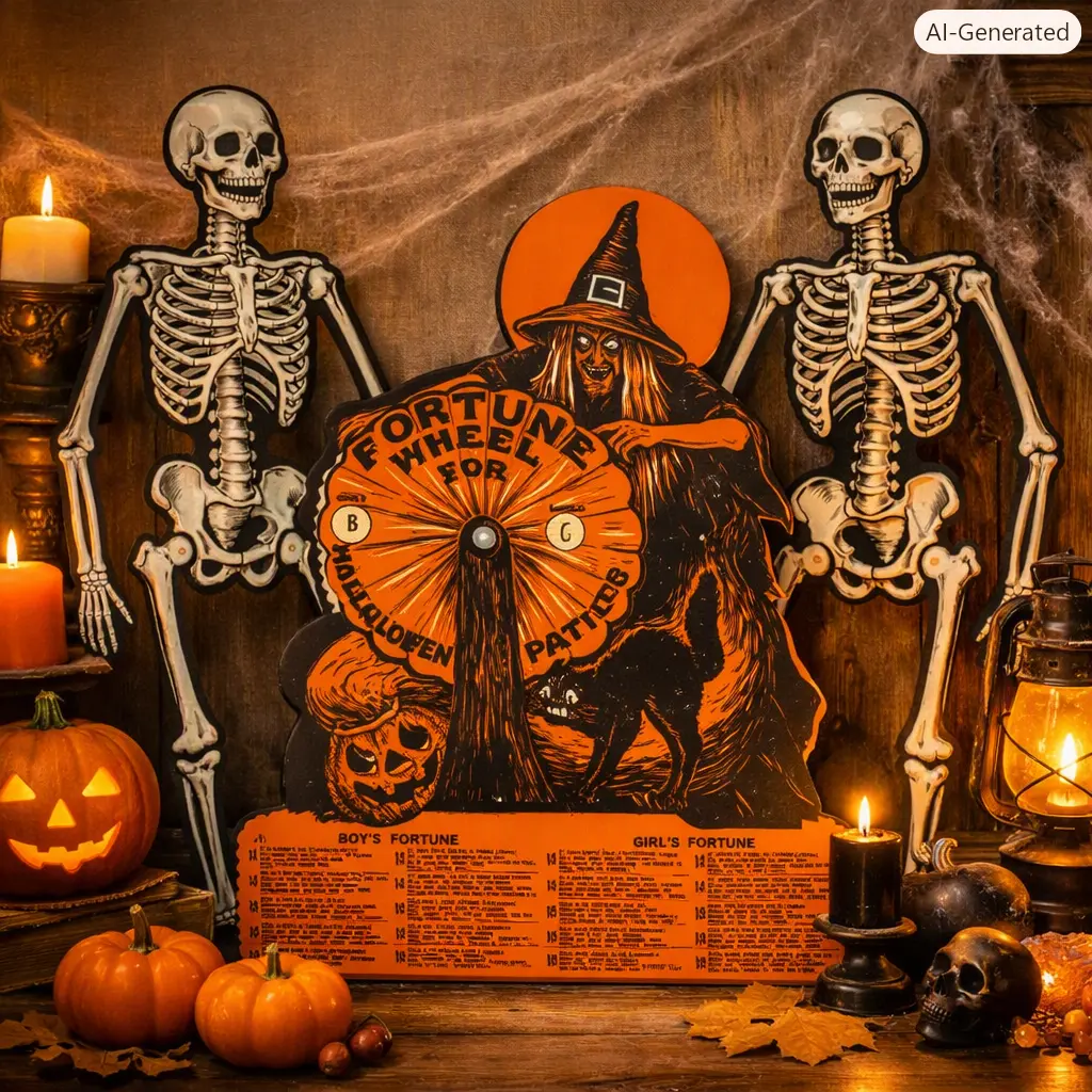 Vintage Halloween Party Combo Pack - 2-Piece Jointed Skeleton Ornaments, Spooky Retro Witch Fortune Wheel Game Cutout Decor Artwork