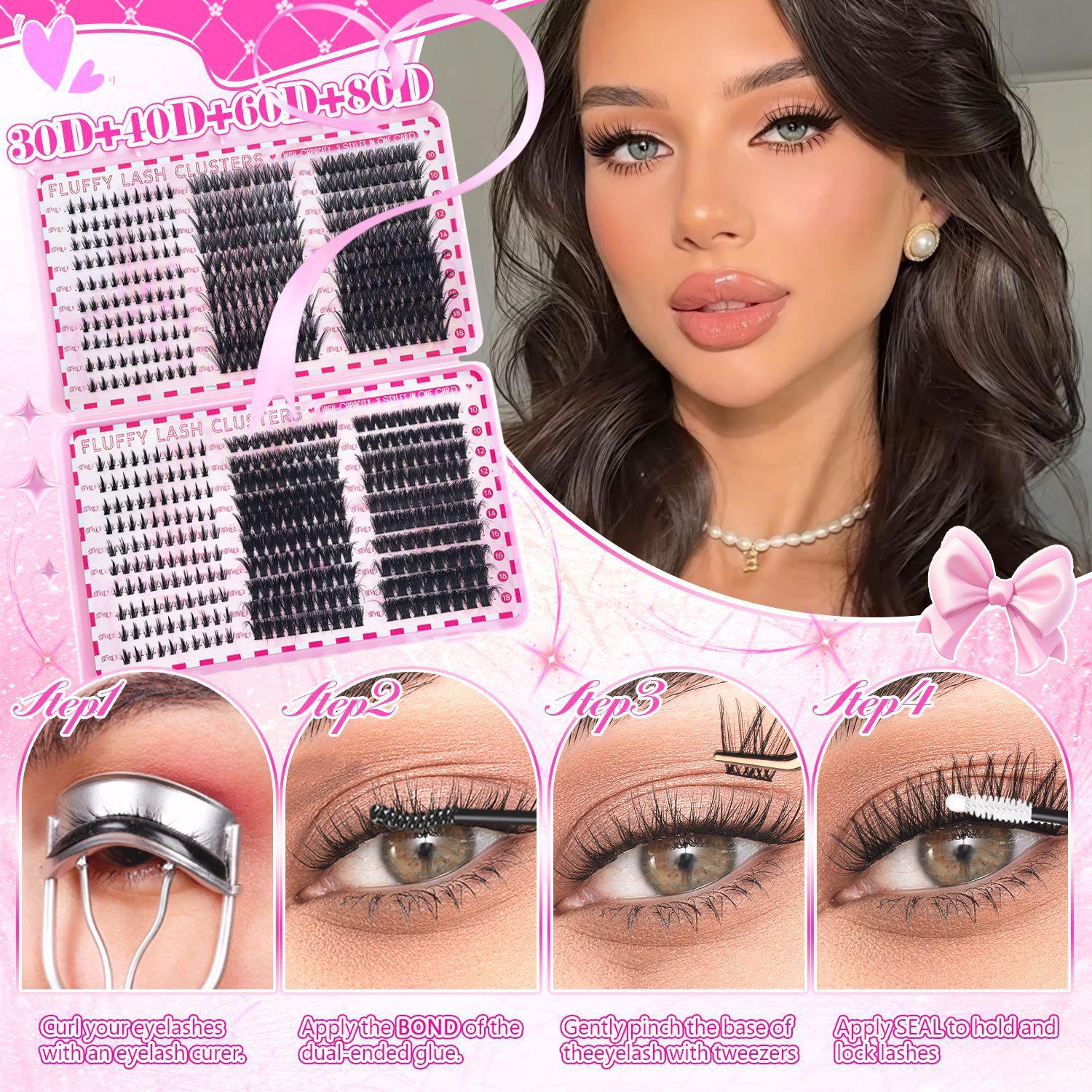 2080Pcs Fluffy Lash Clusters Kit Manga/Cat Eyes/Natural/Dense/Thick/Dramatic/Bottom Lashes Eyelash Clusters 9-18mm 30D 40D 80D 100D DIY Lashes Cluster Eyelash Extensions Kit Individual D Curl False Eyelashes with 2 Bond&Seal 2 Remover 2 Tweezers 5 Brushes