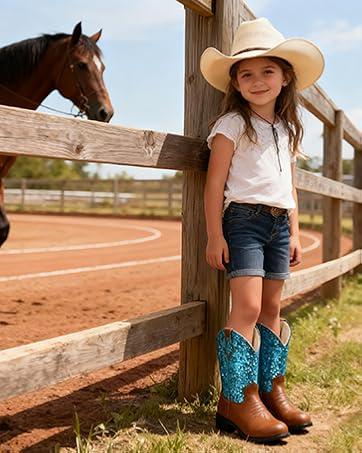 Kids Cowboy Boots for Boys Girls, Western Boots Embroidered Faux Leather Cowgirl Wide Width Ankle Boot Round Toe Mid Calf Riding Shoes for Little Big Kid