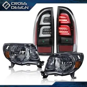 CROSSDESIGN Fit For 2005-2011 Toyota Tacoma Smoke Headlights & 3D LED Tube Bar Tail Lights