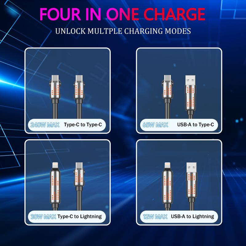 4-in-1 USB-C Cable, 240W Fast Charging, PD 5A, Aluminum, Data Transfer for iPhone 16/15, iPad, Samsung, and Laptops