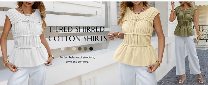 Cicy Bell Womens Cap Sleeve Peplum Tank Tops Summer Babydoll Smocked Cotton Shirts Casual Crew Neck Pleated Blouse Cicy Bell Womens Cap Sleeve Peplum Tank Tops Summer Babydoll Smocked Cotton Shirts Casual Crew Neck Pleated Blouse