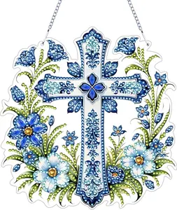 5D Diamond Painting Kit for Adults, Ornate Blue Floral Cross Hanging Decor, DIY Sparkling Acrylic Craft Religious Home & Window Decor