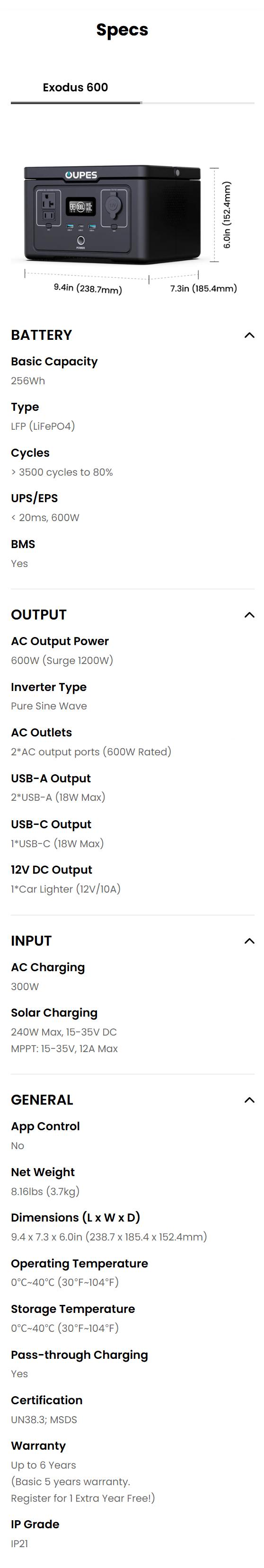OUPES Exodus 600W, 256Wh Portable Power Station(1200w Surge), LiFePO4 Solar Generator Battery, 8.16lbs, 0-100% in 1 hour, for RV, Outdoors, Camping, Home Backup