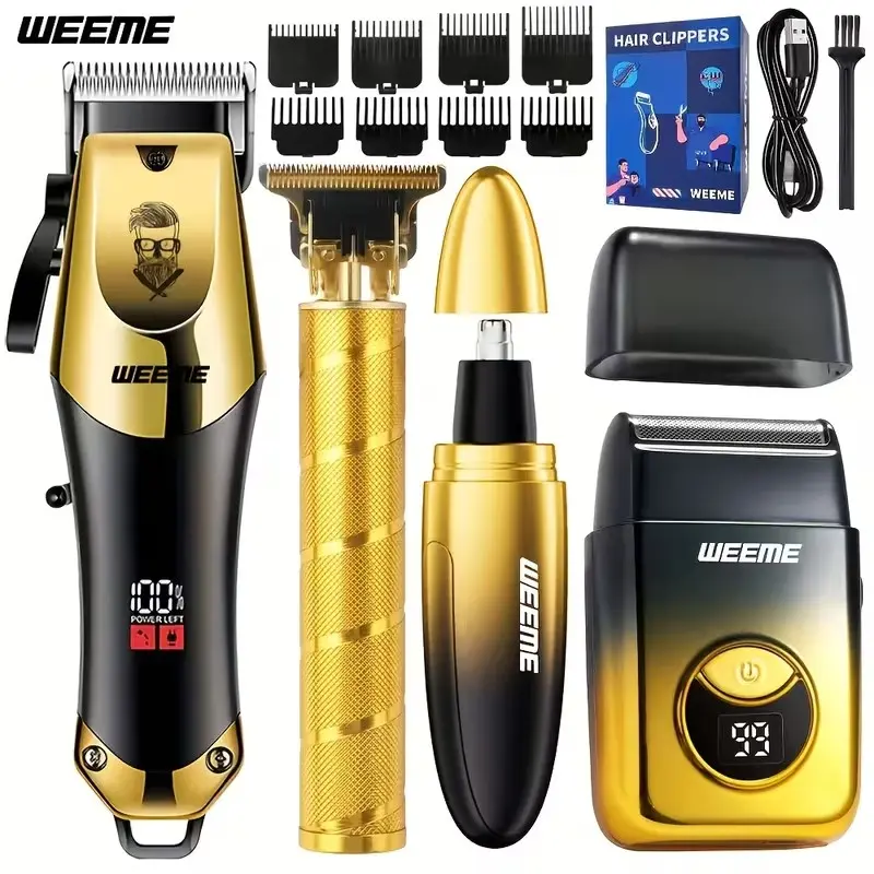 Weeme Men's Electric Haircutting Kit 4-Piece Set, Hair Cutting Tool, Includes Trimmer, Beard Razor, Nose Hair Clipper, Shaver, Wireless Hair Cutter, USB Charging, Home Use, USB Rechargeable Trimmer