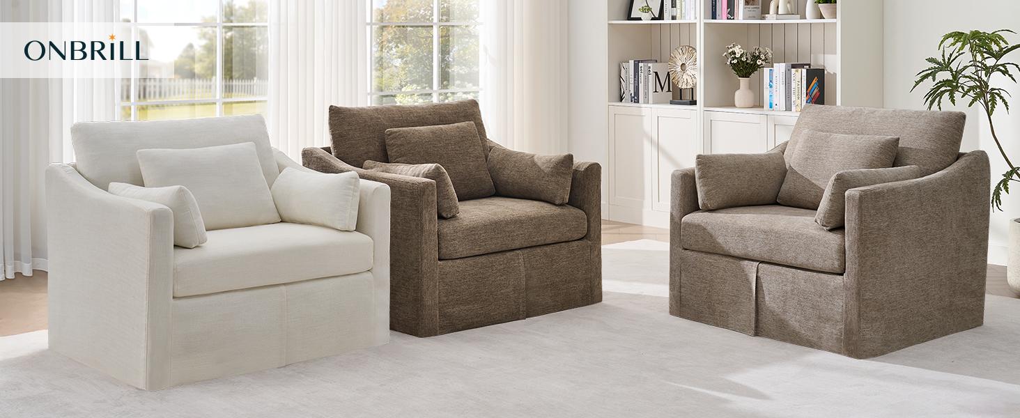 【SPOTLIGHT DAY】ONBRILL Oversized Accent Chair, 42 Inch Wide Slipcovered Sofa Chair with 3 Throw Pillows, Comfy Reading Chair, Deep Seat Armchair w/Sloped Arms, Modern Single Couch for Living Room, Apartment