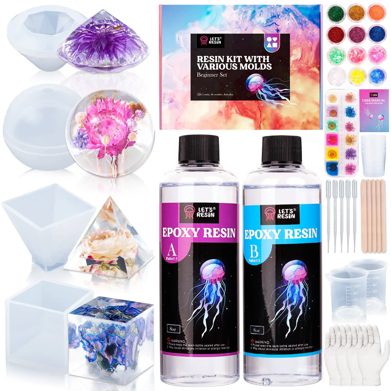 Epoxy Resin Kits and Molds Complete Set, 16oz Resin Art Kit with Silicone Molds, Pigment, Dried Flowers, Crafts for Adults, Beginners, Art Supplies for DIY Lovers, DIY Gift for Women