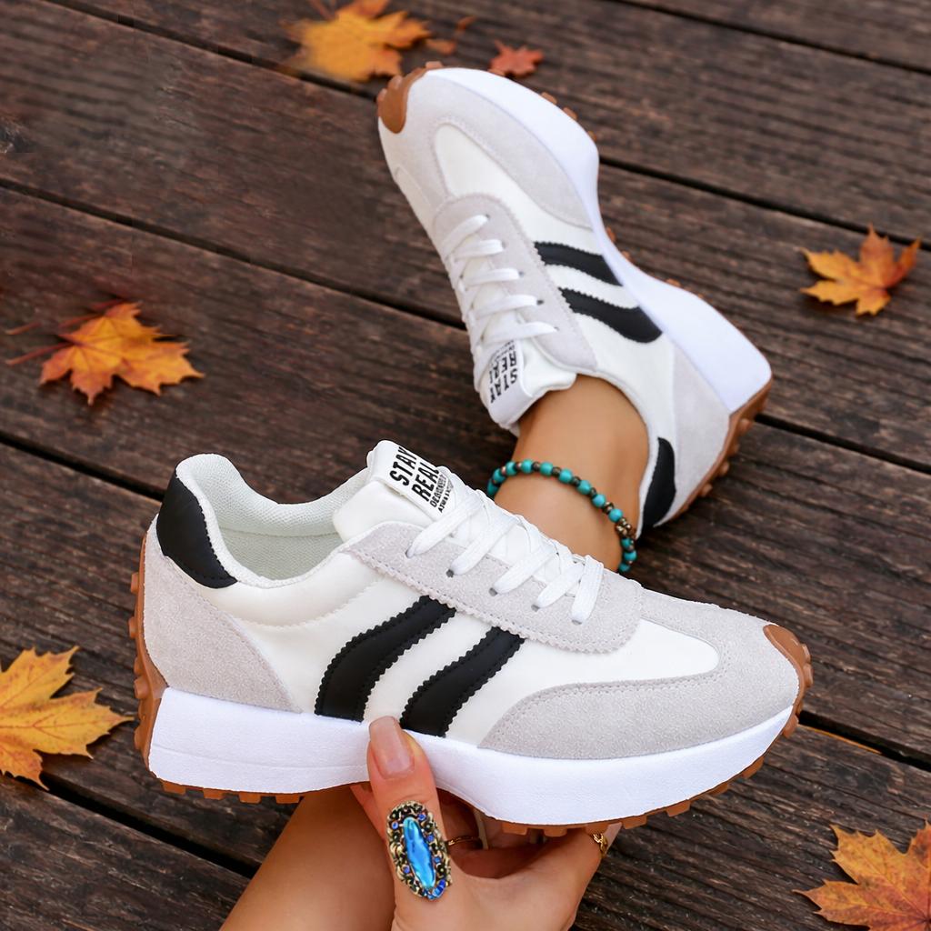 Women's Retro Color-Block Low-Top Sneakers - Breathable Fabric Upper, PU Cushioned Midsole & Wear-Resistant TPR Outsole - Lightweight and Comfortable for All Seasons - Modern Stylish Casual Shoes with Simple Design and Secure Lace-Up Closure.