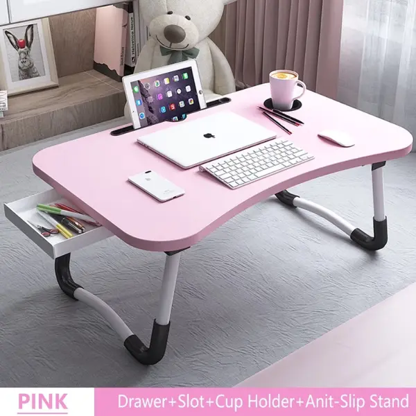 Foldable Lap Desk, 23.6 Inch Portable Wood Laptop Desk Table Workspace Organizer Bed Tray with iPad Slots, Cup Holder and Drawer, Anti-Slip for Working Reading Writing, Eating, Watching