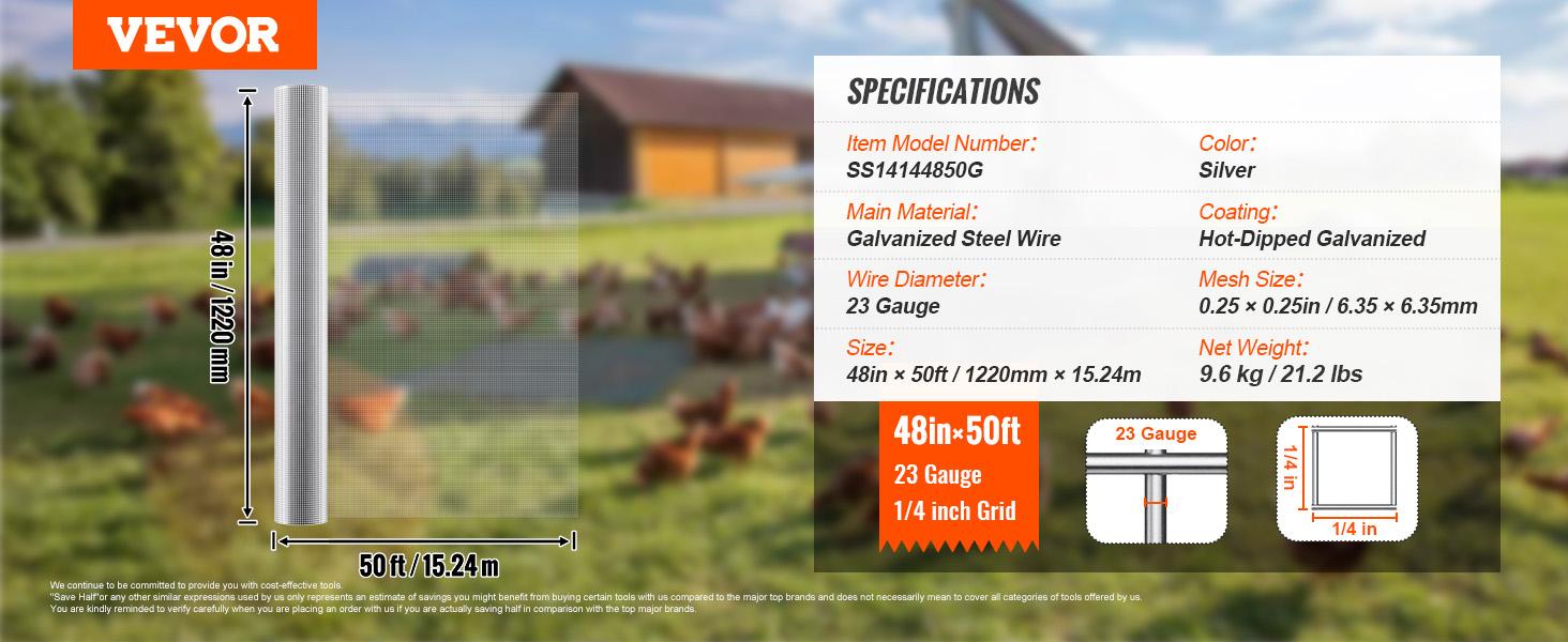 VEVOR Hardware Cloth, 1/4 inch 48in x 50 ft 23 Gauge, Hot Dipped Galvanized Wire Mesh Roll, Chicken Wire Fencing, Wire Mesh for Rabbit Cages, Garden, Small Rodents