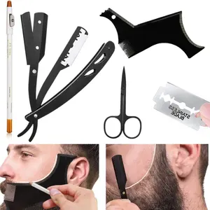 1Set Beard Shaper Kit, Include Beard Template Guide, Professional Straight Edge Razor,Double Edge Blade,Beard Comb,Lineup and Guide Tool for Precise Beard Shaping & Styling - With Beard Pencil