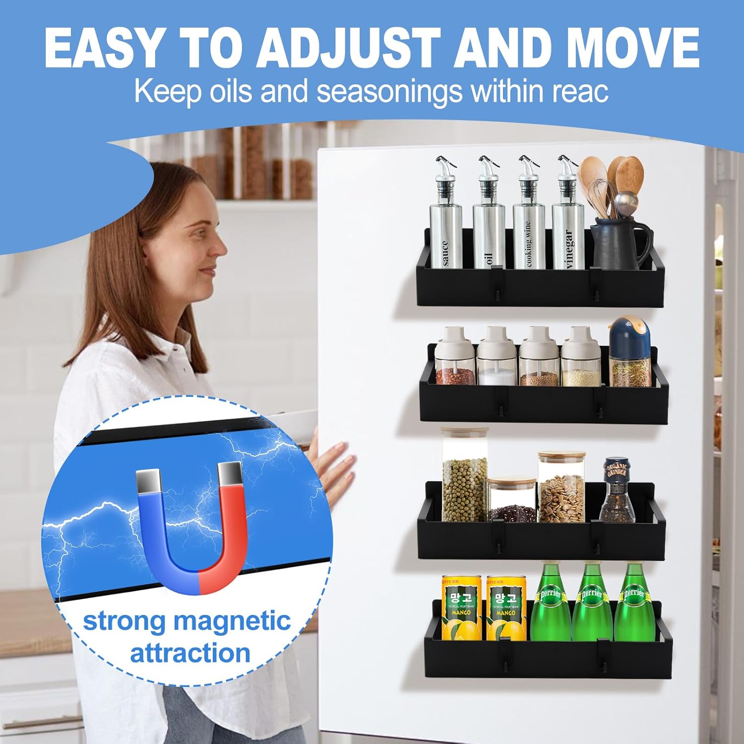 Set of 4 Magnetic Spice Racks with Hooks – Rustproof Metal Storage for Kitchen, Pantry & Fridge | Easy Magnetic Organization for Herbs, Spices & Drinks