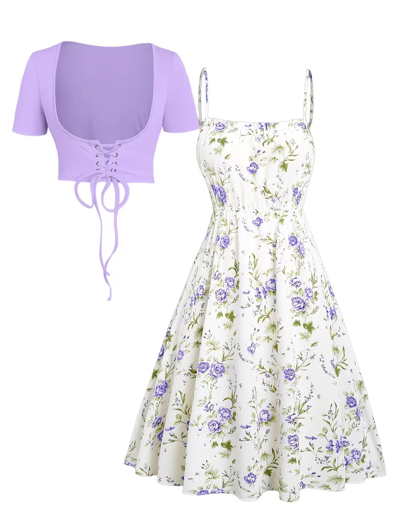 2 Piece Floral Dress Outfit for Women, Short Sleeve Lace Up Crop Cardigan & Spaghetti Strap Flowy Midi Floral Sundress Set, Summer Cottagecore Casual Matching Two Piece Set