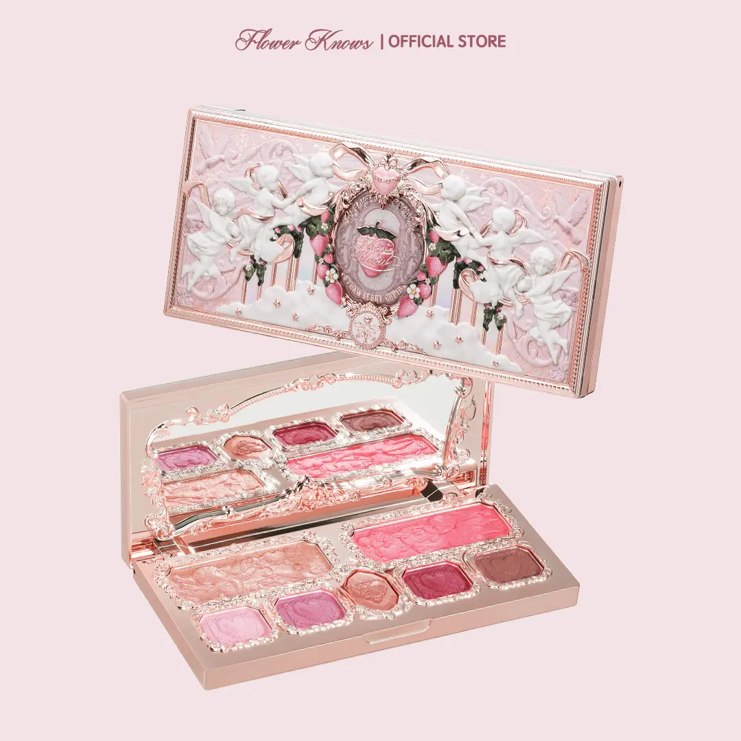 Flower Knows Strawberry Cupid Collection Makeup Palette, All-In-1 Palette with Matte, Shimmer, Silky Powder, High-Pigment, Long-Lasting Blush with Honey Brightening Glitter Palette, Soft Glam for Adults (Office, Travel), Glam Pack Glitter, #tiktokshopback
