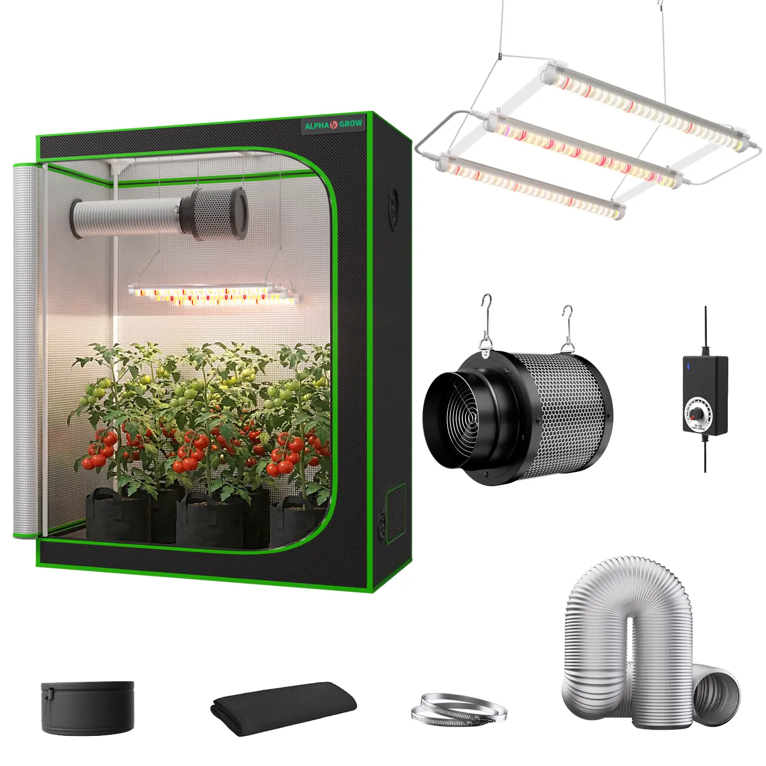 ALPHAGROW 1800D Reflective Mylar Rectangle Grow Tent Kit - 33W Power Full-Spec LED, 6-in Metal Ventilation System with Activated Carbon, Durable Tray, Waterproof Zipper for 2x2,2x4,4x4 Indoor Hydroponic Gardening