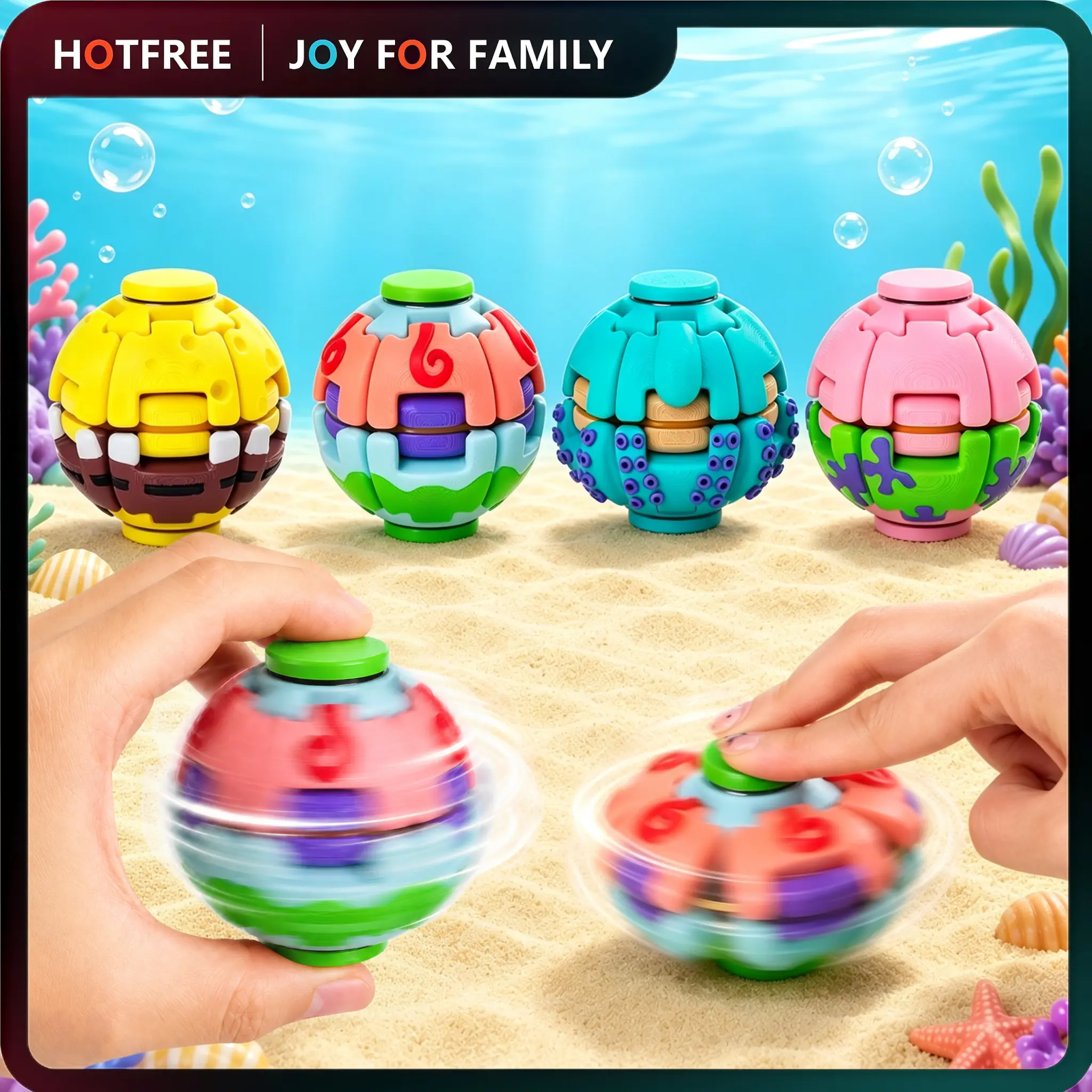Hotfree Press‑to‑Spin Fidget Ball, Ocean‑Theme Rotating Puzzle Spinning Fidget Toy, Sensory Stress Relief Anti‑Anxiety Finger Toy, Interactive Desktop Decompression Fidget Ball for Kids Boys & Girls, Party Favor Gift for Children #backtoschool