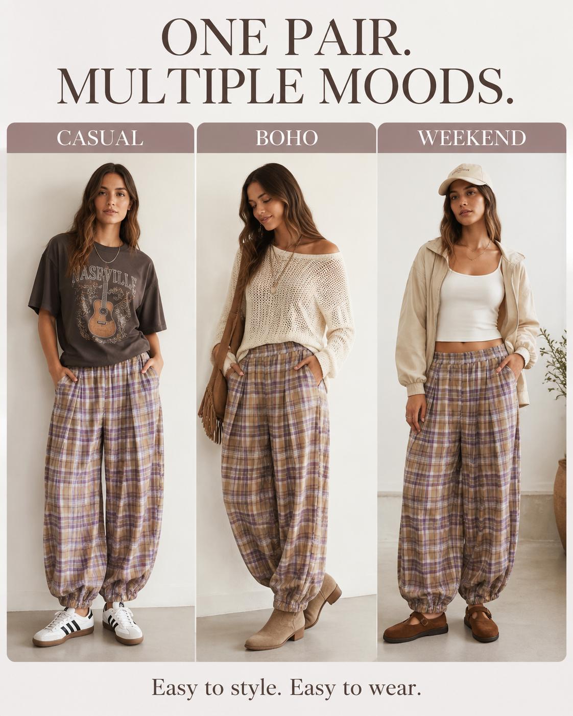 Tanming Women's Plaid Pull-On Balloon Pants, Cotton Twill Pants with Shirred Elastic Waist, Exaggerated Bubble Silhouette & Side Pockets Womenswear Bottom
