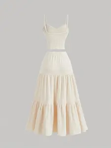 Women's Solid Crop Cami Top & A-Line Skirt Two-piece Set, Casual Fashion Cozy Outfits for Daily Outdoor Wear, Ladies Clothes for Summer