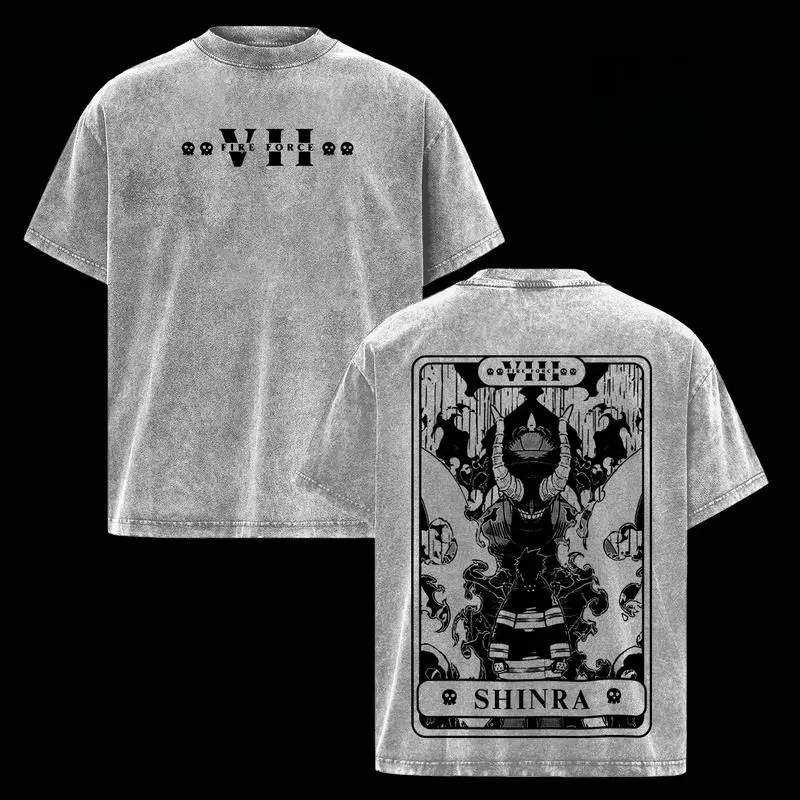 Menswear Shinra Kusakabe Fire Force Vintage Washed Shortleeve Classic T-Shirt - Flame Devil Shinra Anime Graphic, Seamless Soft Cotton Casual Fit Unisex Oversized Streetwear Top, Shortsleeve, Plain, Round Neck, Premium Cotton, Oversized Cut Adds Streetwea