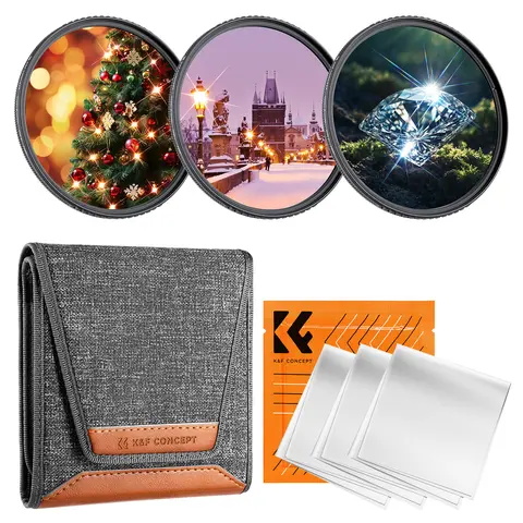 【K&F CONCEPT】(3 PCS) Star Filters Kit 4 Points 6 Points 8 Points Cross Screen Starburst Filters Set 18 Layer Coating Ultra Slim Optical Glass Camera Lens Filter with 3 Cleaning Cloths & Holds 3 Lens Filters Protective Case, Alloy, Dustproof